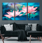 32559-MGV-CV-60X30-3P-Lotus Flower Wall Art – Pink Water Lily Canvas Print, Tranquil Nature Decor for Living Room, Bedroom or Meditation Space