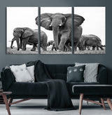 91685-MGV-CV-60X30-3P-Elephant Herd Wall Art – Black and White Safari Canvas Print, African Wildlife Photography Decor for Living Room, Office or
