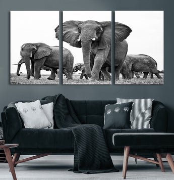 91685-MGV-CV-60X30-3P-Elephant Herd Wall Art – Black and White Safari Canvas Print, African Wildlife Photography Decor for Living Room, Office or