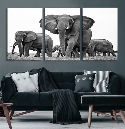 91685-MGV-CV-60X30-3P-Elephant Herd Wall Art – Black and White Safari Canvas Print, African Wildlife Photography Decor for Living Room, Office or
