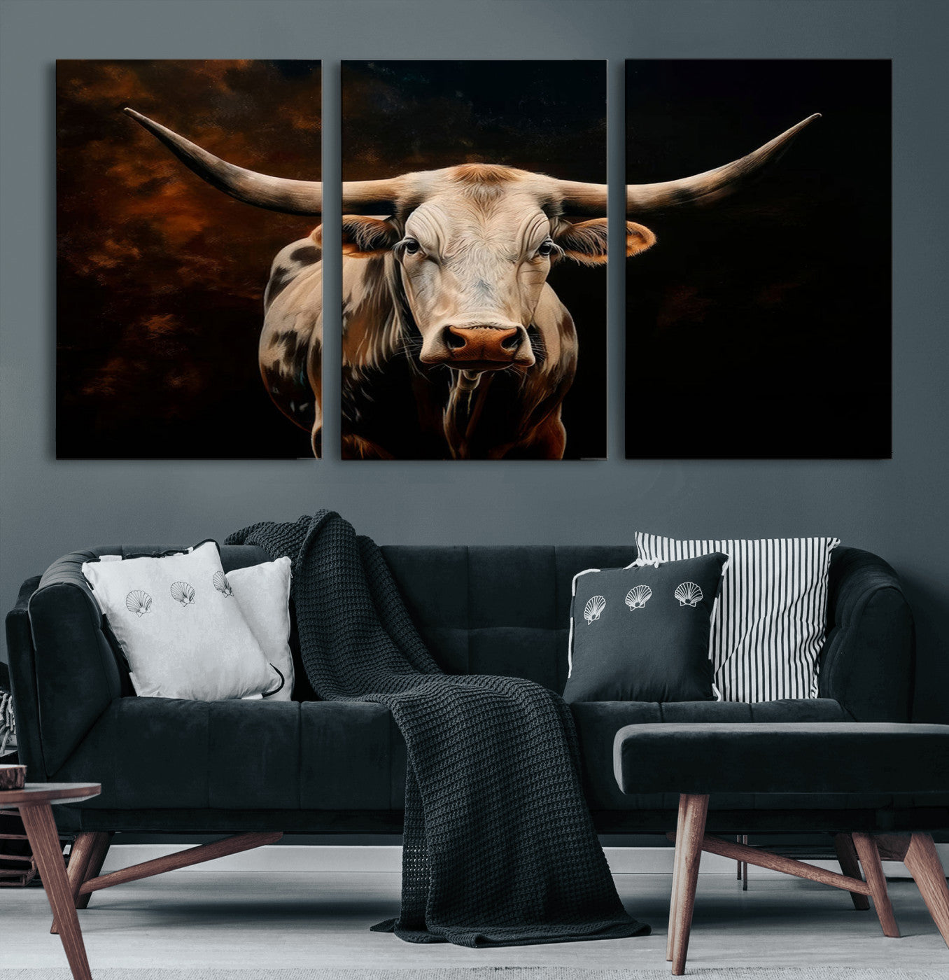 70522-MGV-CV-60X30-3P-Longhorn Bull Wall Art – Striking Canvas Print of Majestic Bull, Premium Animal Decor for Home, Office, Man Cave, or Living Room