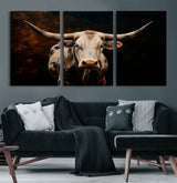70522-MGV-CV-60X30-3P-Longhorn Bull Wall Art – Striking Canvas Print of Majestic Bull, Premium Animal Decor for Home, Office, Man Cave, or Living Room