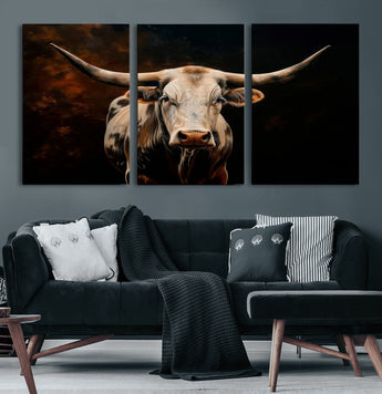 70522-MGV-CV-60X30-3P-Longhorn Bull Wall Art – Striking Canvas Print of Majestic Bull, Premium Animal Decor for Home, Office, Man Cave, or Living Room