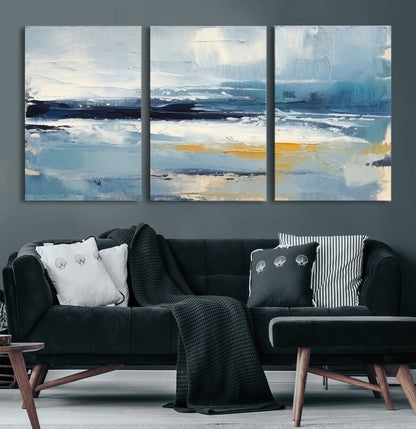 19746-MGV-CV-36X24-Abstract Ocean Wall Art – Modern Coastal Canvas Print with Blue, White and Gold Textures, Contemporary Seascape Painting for