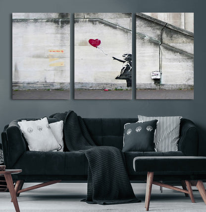 50559-MGV-CV-60X30-3P-Banksy Girl with Balloon Wall Art – Famous Street Graffiti Canvas Print, Modern Urban Artwork for Living Room, Bedroom or Office