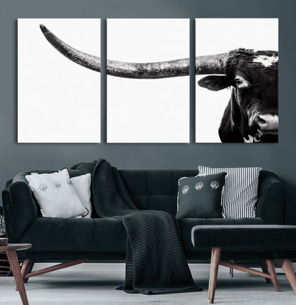31699-MGV-CV-36X24-Longhorn Wall Art – Black and White Texas Longhorn Cow Canvas Print, Rustic Western Farmhouse Artwork for Living Room, Bedroom or
