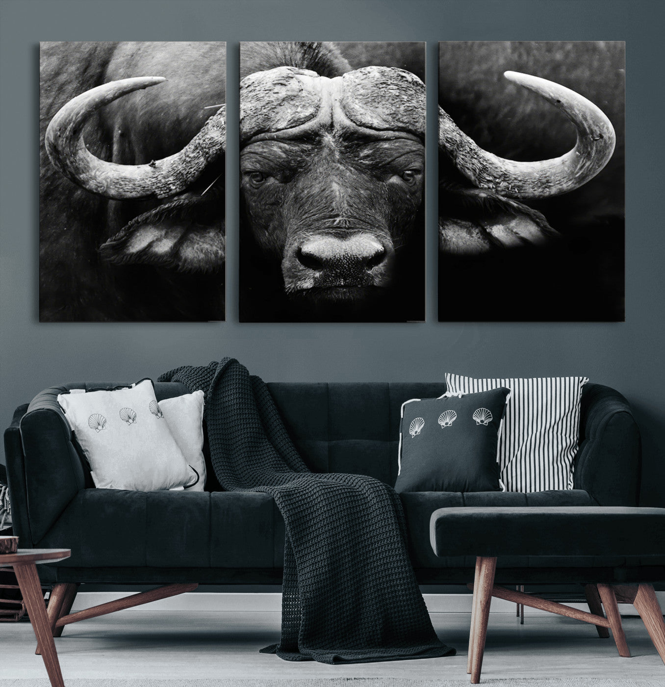 75273-MGV-CV-60X30-3P-Buffalo Wall Art – Black and White African Buffalo Canvas Print, Rustic Wildlife Animal Artwork for Farmhouse, Living Room,