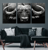 75273-MGV-CV-60X30-3P-Buffalo Wall Art – Black and White African Buffalo Canvas Print, Rustic Wildlife Animal Artwork for Farmhouse, Living Room,