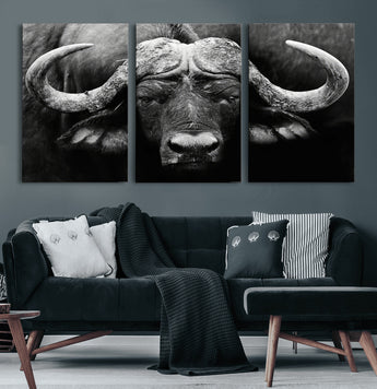75273-MGV-CV-60X30-3P-Buffalo Wall Art – Black and White African Buffalo Canvas Print, Rustic Wildlife Animal Artwork for Farmhouse, Living Room,