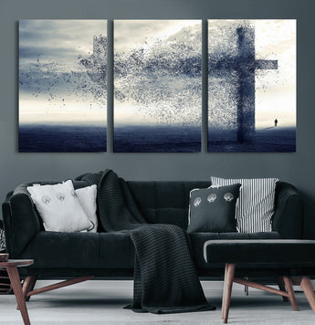 55718-MGV-CV-60X30-3P-Surreal Cross Wall Art – Spiritual Faith Canvas Print, Abstract Christian Artwork with Modern Religious Symbol for Living Room,