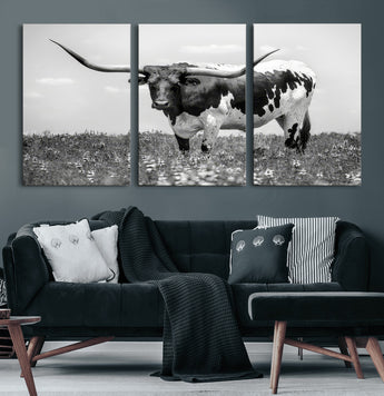 94709-MGV-CV-60X30-3P-Texas Longhorn Wall Art – Black and White Bull Photography Canvas Print, Western Farmhouse Wall Decor for Living Room, Office or