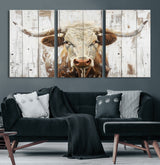 71551-MGV-CV-36X24-Longhorn Bull Wall Art – Rustic Western Cow Canvas Print, Farmhouse Animal Painting with Wood Plank Style for Living Room, Office