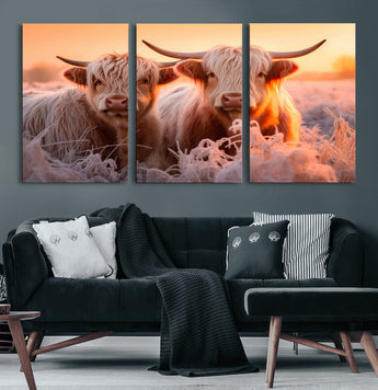 68253-MGV-CV-36X24-Highland Cow Wall Art – Rustic Farmhouse Cattle Canvas Print, Frosty Sunset Animal Artwork for Living Room, Bedroom or Country