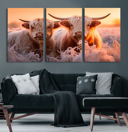 68253-MGV-CV-36X24-Highland Cow Wall Art – Rustic Farmhouse Cattle Canvas Print, Frosty Sunset Animal Artwork for Living Room, Bedroom or Country