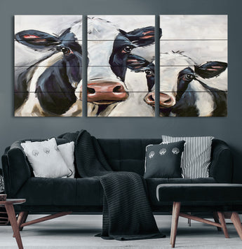 28934-MGV-CV-60X30-3P-Farmhouse Cow Wall Art – Rustic Black and White Dairy Cattle Canvas Print, Country Barn Animal Painting for Kitchen, Living Room