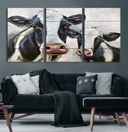 28934-MGV-CV-60X30-3P-Farmhouse Cow Wall Art – Rustic Black and White Dairy Cattle Canvas Print, Country Barn Animal Painting for Kitchen, Living Room