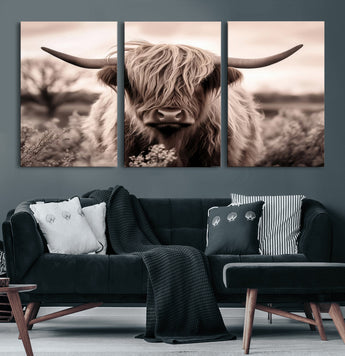 55903-MGV-CV-60X30-3P-Highland Cow Wall Art – Rustic Sepia Scottish Highland Bull Canvas Print, Farmhouse Country Animal Decor for Living Room, Bedroom