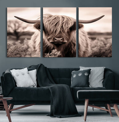 55903-MGV-CV-60X30-3P-Highland Cow Wall Art – Rustic Sepia Scottish Highland Bull Canvas Print, Farmhouse Country Animal Decor for Living Room, Bedroom