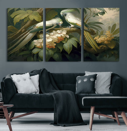84047-MGV-CV-60X30-3P-Tropical Birds Wall Art – Elegant Botanical Canvas Print, Exotic Nature Decor for Living Room, Bedroom or Office