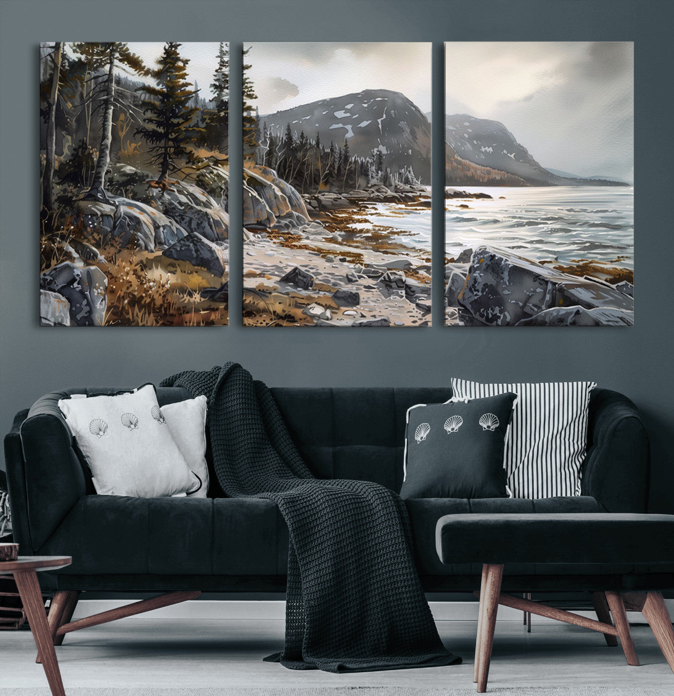 41281-MGV-CV-36X24-Rocky Shoreline Wall Art – Panoramic Mountain Coast and Forest Canvas Print, Rustic Nature Landscape Decor for Cabin, Lodge, or