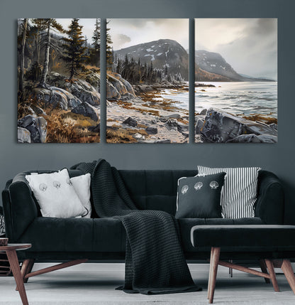 41281-MGV-CV-36X24-Rocky Shoreline Wall Art – Panoramic Mountain Coast and Forest Canvas Print, Rustic Nature Landscape Decor for Cabin, Lodge, or