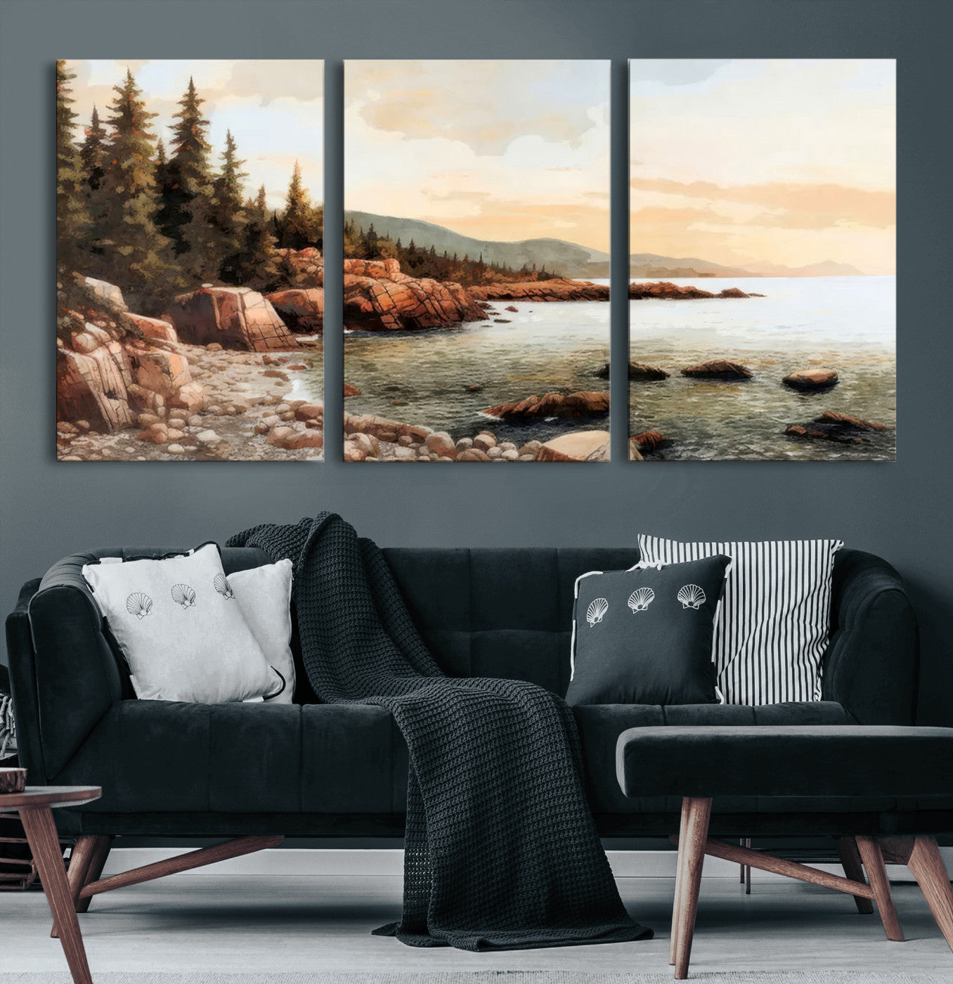 77145-MGV-CV-36X24-Coastal Landscape Wall Art – Panoramic Rocky Shoreline and Pine Trees Canvas Print, Rustic Nature Decor for Cabin, Lodge, Office,