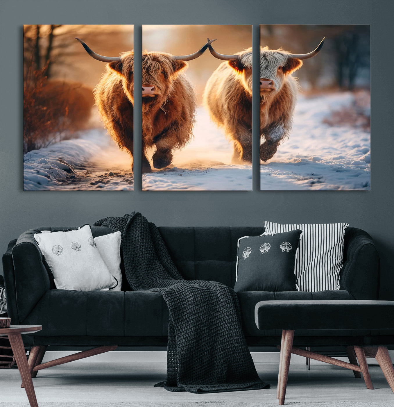 50490-MGV-CV-36X24-Highland Cow Wall Art – Rustic Panoramic Canvas Print Two Cattle Snowy Landscape, Farmhouse Country Decor for Living Room Office