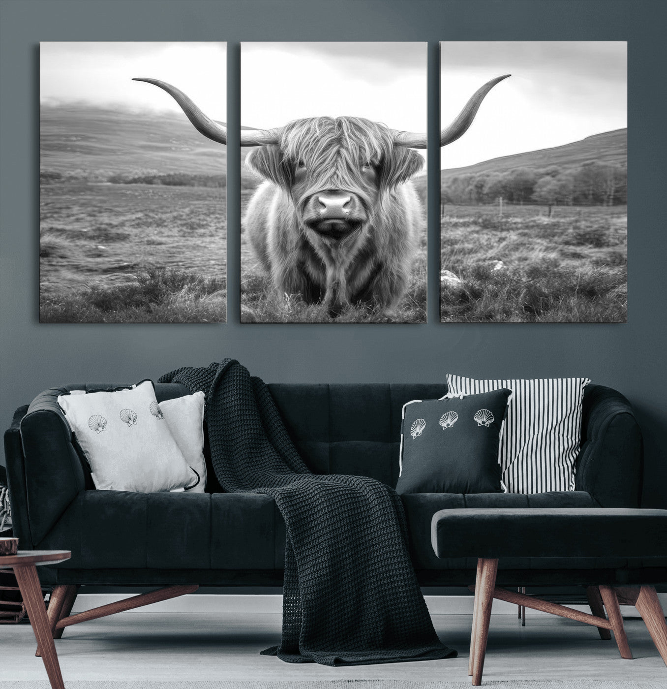 52903-MGV-CV-36X24-Highland Cow Wall Art – Black and White Canvas Print Rustic Cattle Portrait, Farmhouse Country Decor for Living Room, Office,