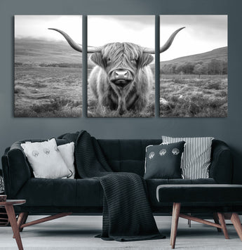 52903-MGV-CV-36X24-Highland Cow Wall Art – Black and White Canvas Print Rustic Cattle Portrait, Farmhouse Country Decor for Living Room, Office,