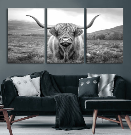 52903-MGV-CV-36X24-Highland Cow Wall Art – Black and White Canvas Print Rustic Cattle Portrait, Farmhouse Country Decor for Living Room, Office,