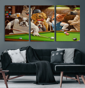 34228-MGV-CV-60X30-3P-Dogs Playing Pool Wall Art Canvas Print, Framed Funny Dog Art Picture Print, Dog Perfect Game Room Decor Artwork