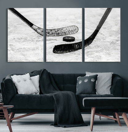 82900-MGV-CV-36X24-Hockey Wall Art – Black and White Canvas Print Ice Rink Sticks Puck Sports Photography, Modern Decor for Game Room, Man Cave,
