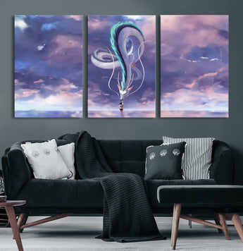 66864-MGV-CV-36X24-Fantasy Dragon Wall Art – Mystical Canvas Print Girl and Sky Serpent Dreamlike Clouds, Magical Anime Inspired Decor for Living