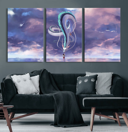 66864-MGV-CV-36X24-Fantasy Dragon Wall Art – Mystical Canvas Print Girl and Sky Serpent Dreamlike Clouds, Magical Anime Inspired Decor for Living