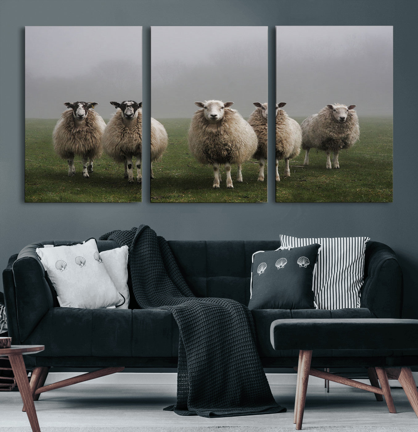 87339-MGV-CV-36X24-Sheep Wall Art – Rustic Farmhouse Canvas Print Flock Standing Misty Field Countryside Photography, Country Animal Decor for Living