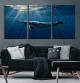 18052-MGV-CV-36X24-Whale Wall Art – Majestic Ocean Canvas Print Marine Life Underwater Sunlight Scene, Nautical Coastal Decor for Living Room,