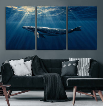 18052-MGV-CV-36X24-Whale Wall Art – Majestic Ocean Canvas Print Marine Life Underwater Sunlight Scene, Nautical Coastal Decor for Living Room,