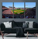 90998-MGV-CV-60X30-3P-Baseball Stadium Wall Art – Canvas Print Day Game Field Packed Crowd Bright Blue Sky Sports Photography, Classic Decor for Game