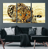 45281-MGV-CV-60X30-3P-Blue Eye Leopard Wall Art Canvas Print, Framed Leopard Painting Art Picture Print, Big Cat Perfect Safari Wildlife Decor Artwork