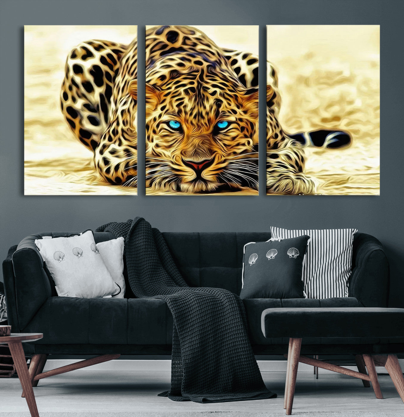 45281-MGV-CV-36X24-Blue Eye Leopard Wall Art Canvas Print, Framed Leopard Painting Art Picture Print, Big Cat Perfect Safari Wildlife Decor Artwork