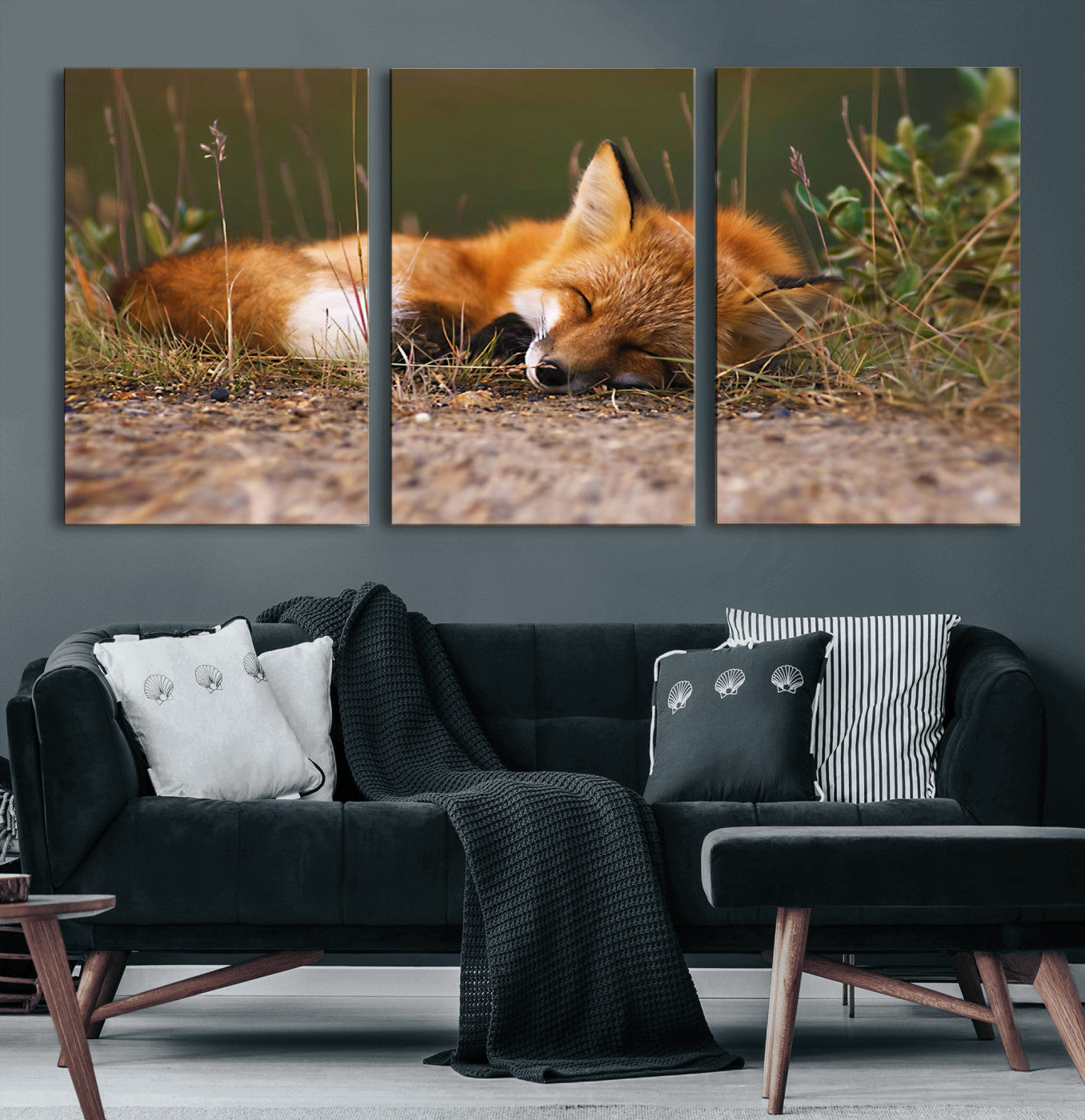 25085-MGV-CV-60X30-3P-Sleeping Fox Wall Art Canvas Print, Framed Rustic Fox Art Picture Print, Wildlife Animal Perfect Rustic Farmhouse Decor Artwork