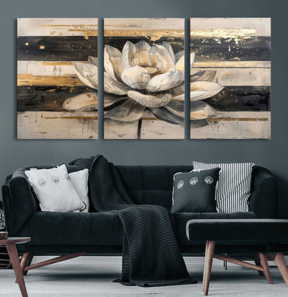 18807-MGV-CV-60X30-3P-Lotus Flower Wall Art Canvas Print, Framed Abstract Lotus Art Picture Print, White Lotus Flower Perfect Abstract Floral Decor
