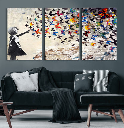 97895-MGV-CV-60X30-3P-Girl with Butterflies Wall Art – Colorful Street Art Style Canvas Print, Modern Graffiti-Inspired Butterfly Artwork for Living