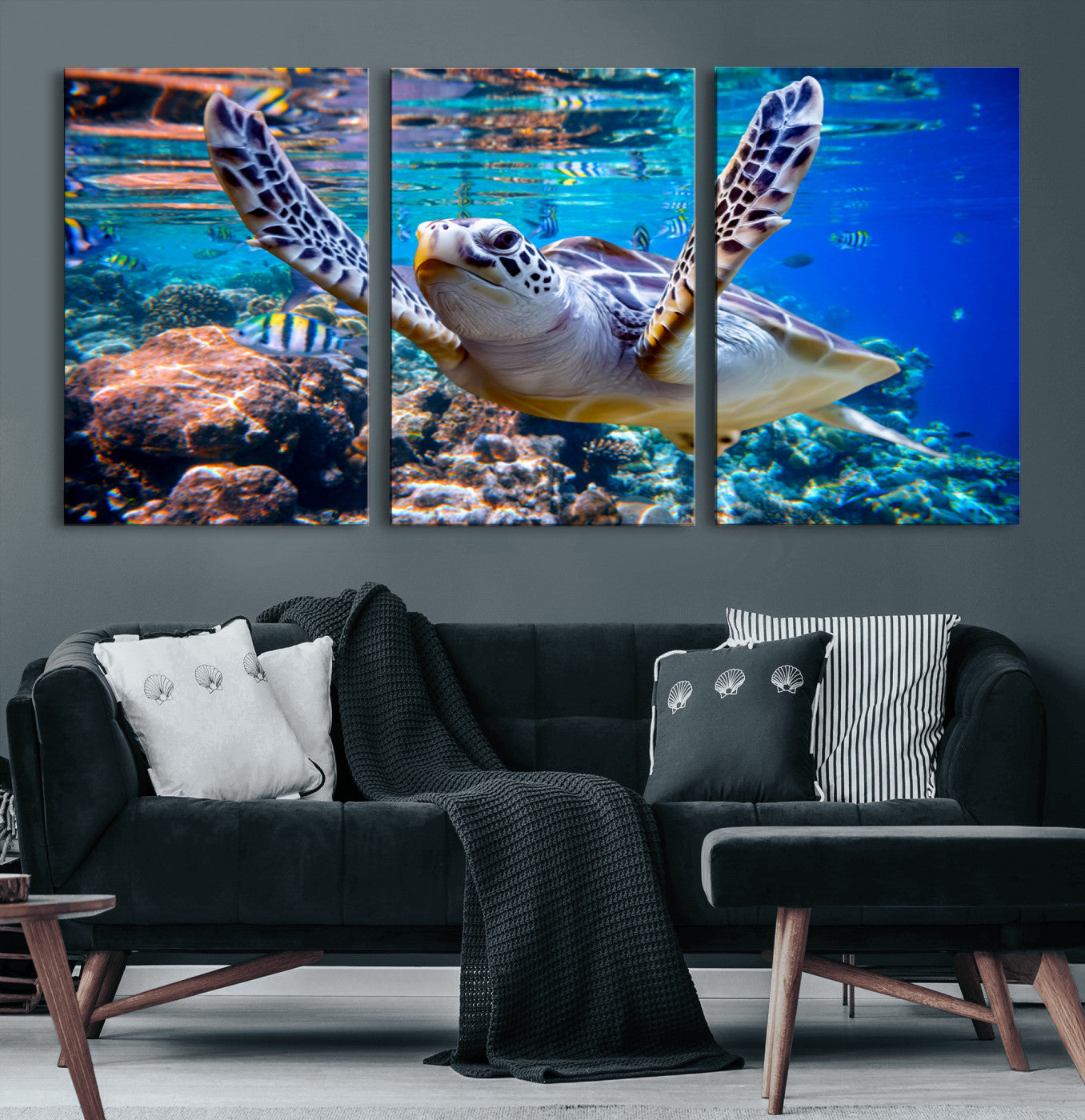 12683-MGV-CV-60X30-3P-Sea Turtle Wall Art – Graceful Ocean Canvas Print with Coral Reef and Tropical Fish, Coastal Marine Life Decor for Beach House,