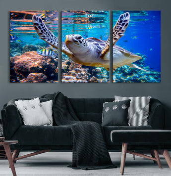 12683-MGV-CV-60X30-3P-Sea Turtle Wall Art – Graceful Ocean Canvas Print with Coral Reef and Tropical Fish, Coastal Marine Life Decor for Beach House,