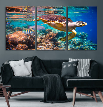 66614-MGV-CV-60X30-3P-Sea Turtle Wall Art – Hawksbill Turtle Swimming Over Coral Reef Canvas Print, Ocean Marine Life Decor for Beach House, Coastal