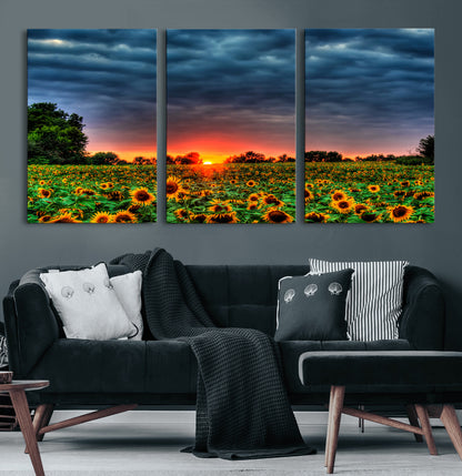45045-MGV-CV-60X30-3P-Sunflower Field Sunset Wall Art – Dramatic Stormy Sky Landscape Print, Vibrant Yellow Floral Nature Canvas for Living Room,