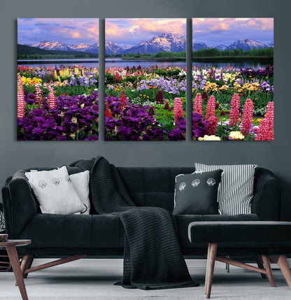 82270-MGV-CV-60X30-3P-Colorful Wildflower Meadow Landscape Wall Art – Snow-Capped Mountain Lake Sunset Print, Vibrant Nature Artwork for Living Room,