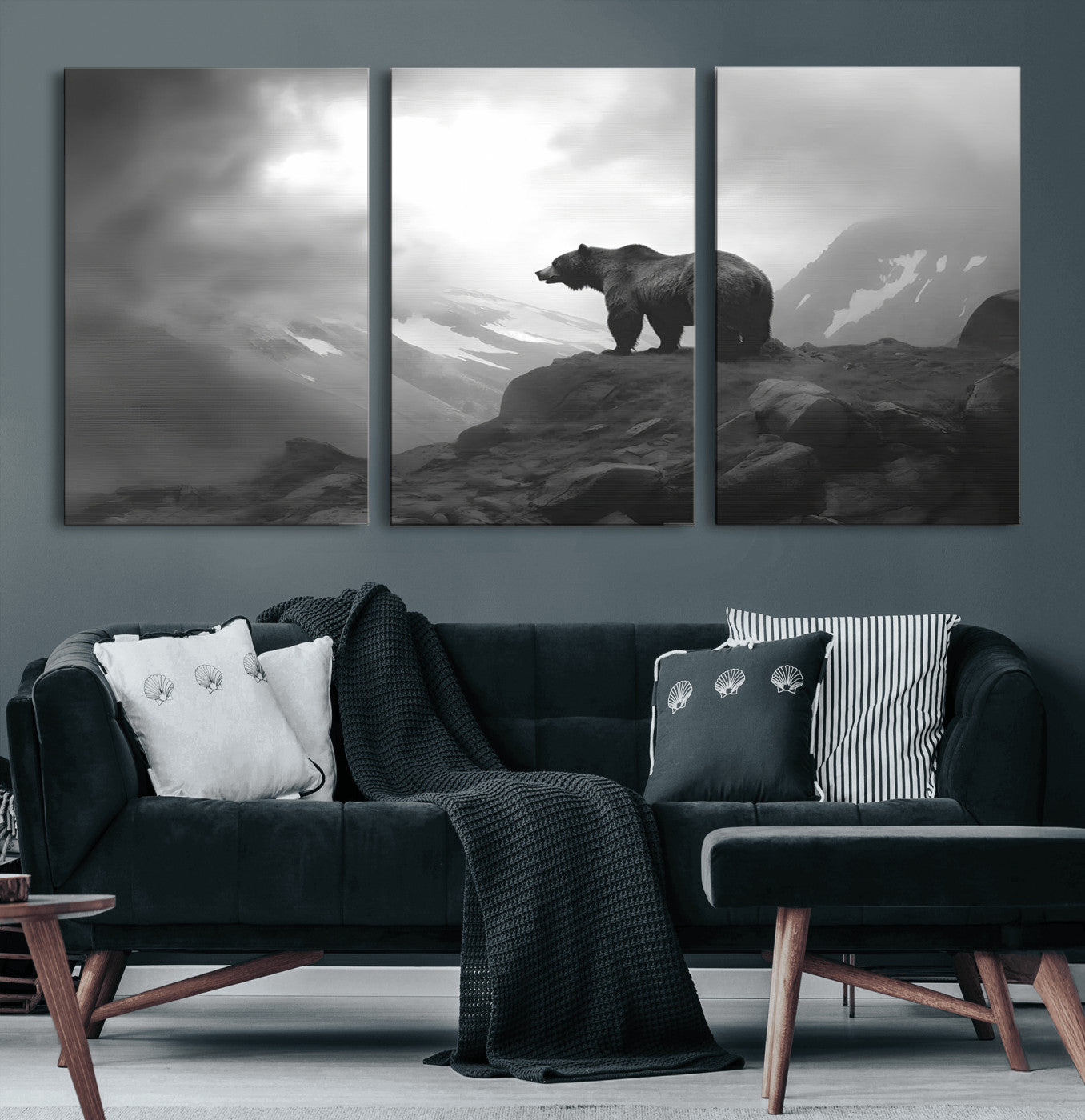 49504-MGV-CV-36X24-Black and White Grizzly Bear Wall Art – Wilderness Wildlife Painting, Rustic Mountain Cabin Decor, Monochrome Animal Print for