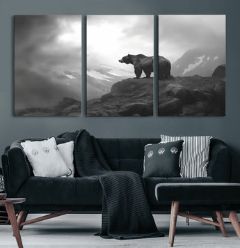 49504-MGV-CV-36X24-Black and White Grizzly Bear Wall Art – Wilderness Wildlife Painting, Rustic Mountain Cabin Decor, Monochrome Animal Print for